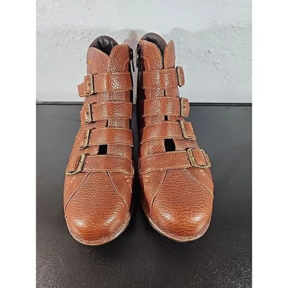 Bionico Boots 6.5 M Booties Brown Stitch Leather Multi Strap Ankle Zip Shoes‎